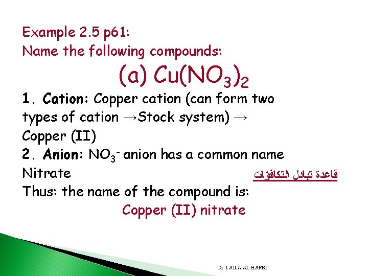 Example 2. 5 p 61: Name the following compounds: (a) Cu(NO 3)2 1. Cation: