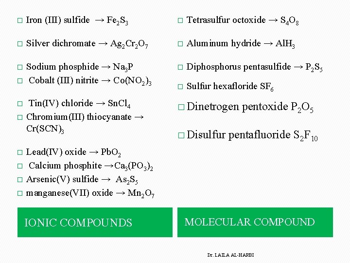 � Iron (III) sulfide → Fe 2 S 3 � Tetrasulfur octoxide → S