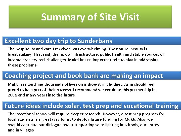 Summary of Site Visit Excellent two day trip to Sunderbans The hospitality and care