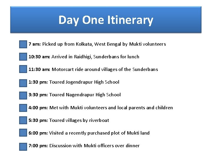 Day One Itinerary 7 am: Picked up from Kolkata, West Bengal by Mukti volunteers