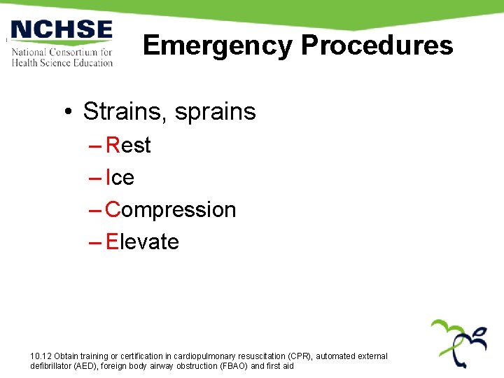Emergency Procedures • Strains, sprains – Rest – Ice – Compression – Elevate 10. Emergency Procedures • Strains, sprains – Rest – Ice – Compression – Elevate 10.