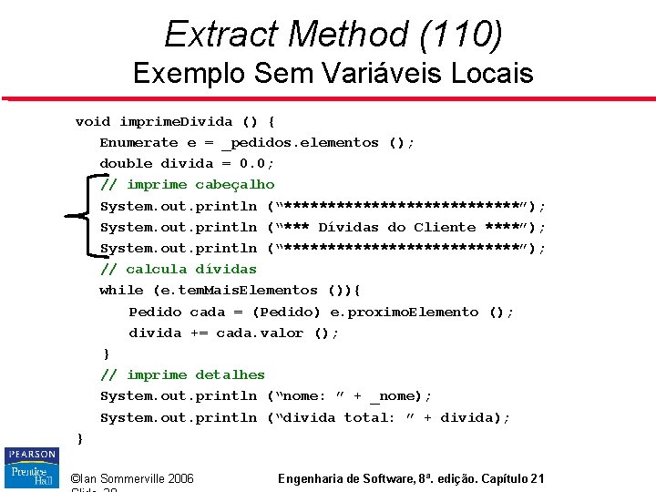 Extract Method (110) Exemplo Sem Variáveis Locais void imprime. Divida () { Enumerate e