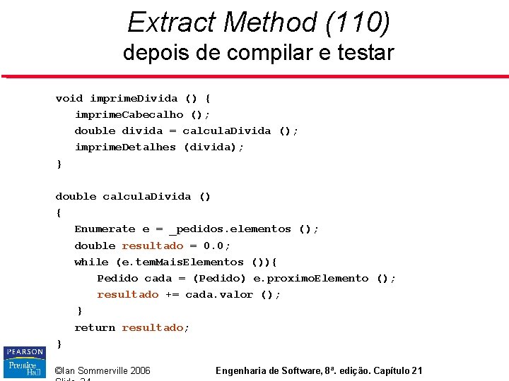 Extract Method (110) depois de compilar e testar void imprime. Divida () { imprime.