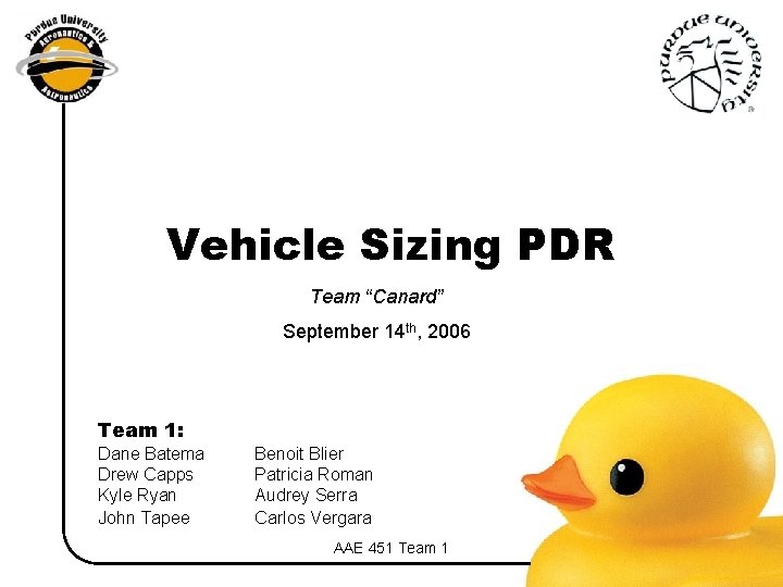 Vehicle Sizing PDR Team “Canard” September 14 th, 2006 Team 1: Dane Batema Drew