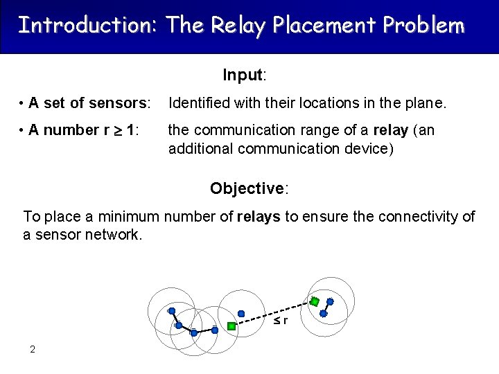 Introduction: The Relay Placement Problem Input: • A set of sensors: Identified with their