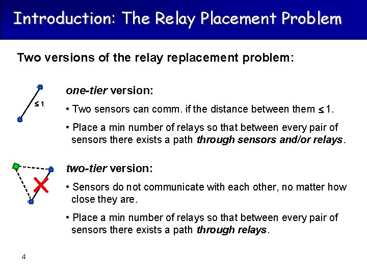 Introduction: The Relay Placement Problem Two versions of the relay replacement problem: one-tier version: