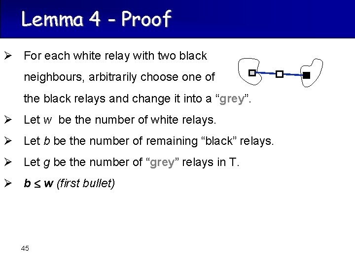 Lemma 4 - Proof Ø For each white relay with two black neighbours, arbitrarily