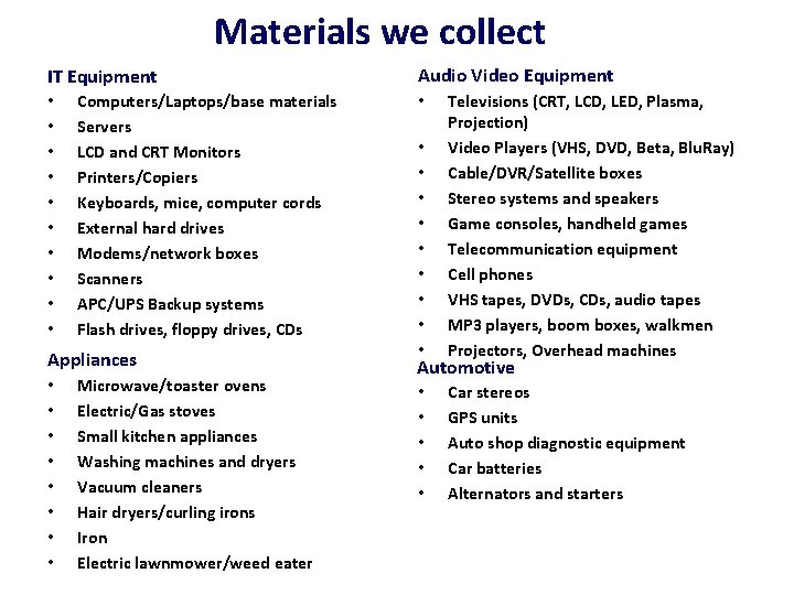 Materials we collect IT Equipment • • • Computers/Laptops/base materials Servers LCD and CRT Materials we collect IT Equipment • • • Computers/Laptops/base materials Servers LCD and CRT