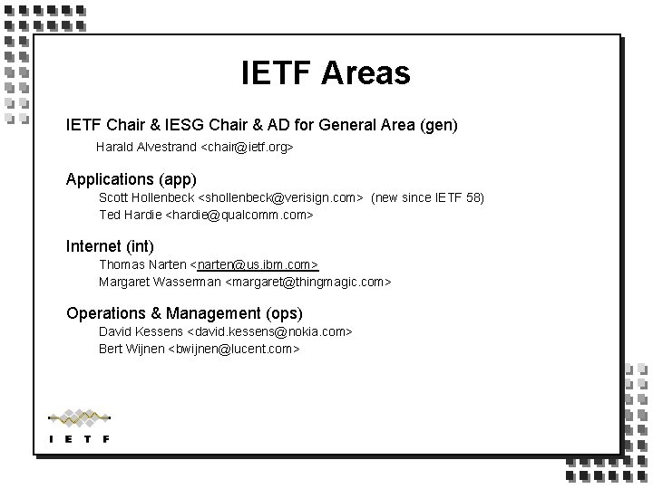 IETF Areas IETF Chair & IESG Chair & AD for General Area (gen) Harald