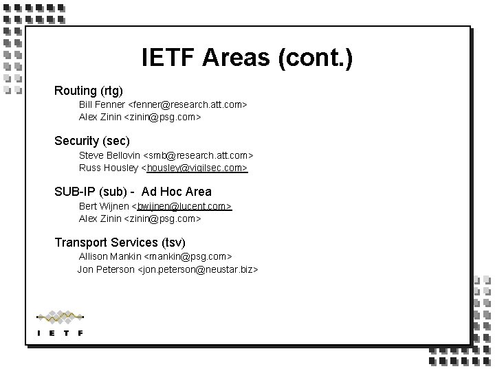 IETF Areas (cont. ) Routing (rtg) Bill Fenner <fenner@research. att. com> Alex Zinin <zinin@psg.