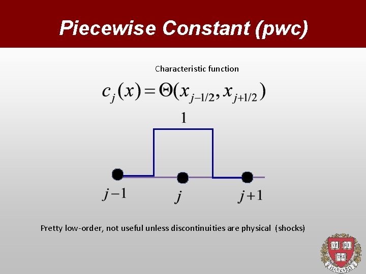 Piecewise Constant (pwc) Characteristic function Pretty low-order, not useful unless discontinuities are physical (shocks)
