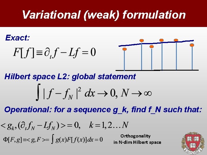 Variational (weak) formulation Exact: Hilbert space L 2: global statement Operational: for a sequence