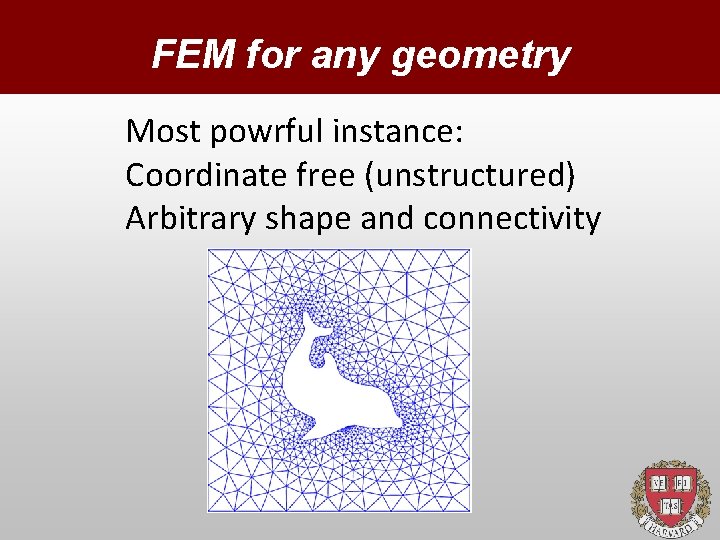 FEM for any geometry Most powrful instance: Coordinate free (unstructured) Arbitrary shape and connectivity