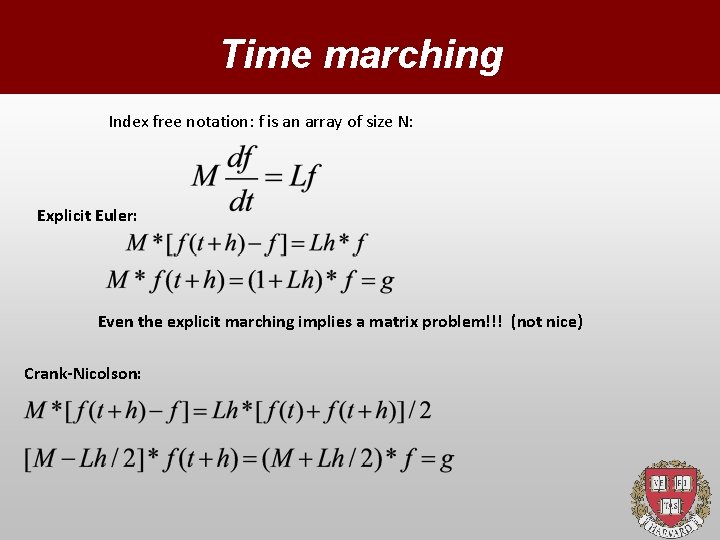 Time marching Index free notation: f is an array of size N: Explicit Euler: