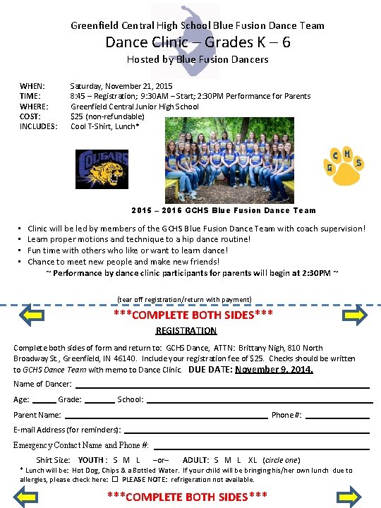 Greenfield Central High School Blue Fusion Dance Team Dance Clinic – Grades K –