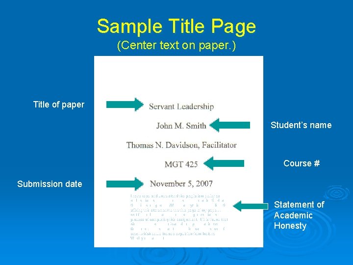 Sample Title Page (Center text on paper. ) Title of paper Student’s name Course