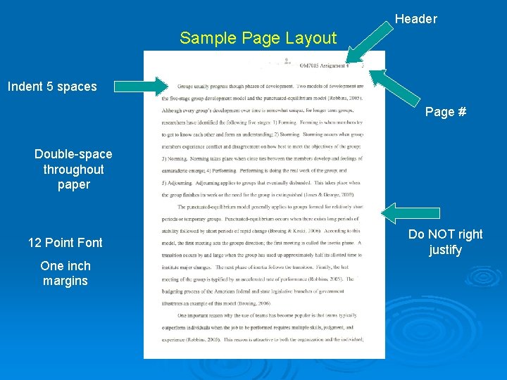 Header Sample Page Layout Indent 5 spaces Page # Double-space throughout paper 12 Point