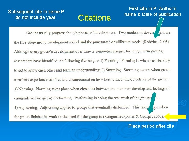 Subsequent cite in same P do not include year. Citations First cite in P: