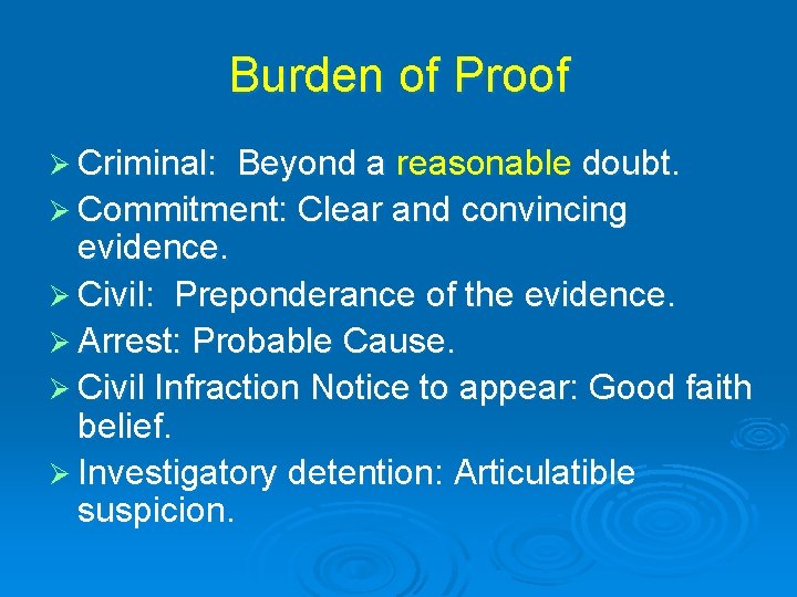 Burden of Proof Ø Criminal: Beyond a reasonable doubt. Ø Commitment: Clear and convincing