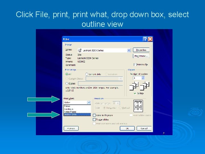 Click File, print what, drop down box, select outline view 