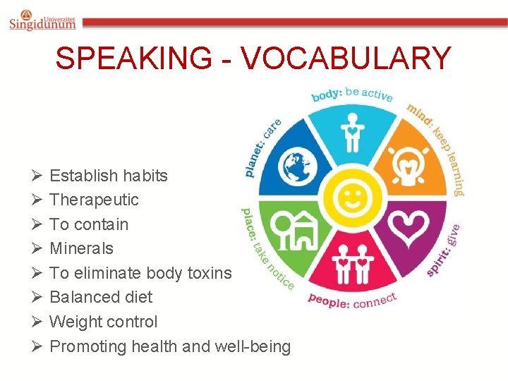 SPEAKING - VOCABULARY Ø Ø Ø Ø Establish habits Therapeutic To contain Minerals To