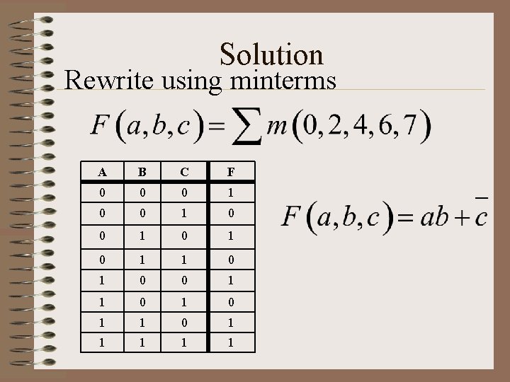 Solution Rewrite using minterms A B C F 0 0 0 1 0 1