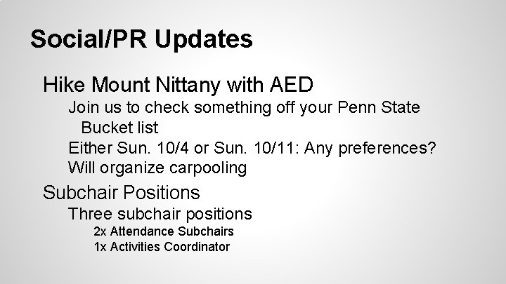 Social/PR Updates Hike Mount Nittany with AED Join us to check something off your