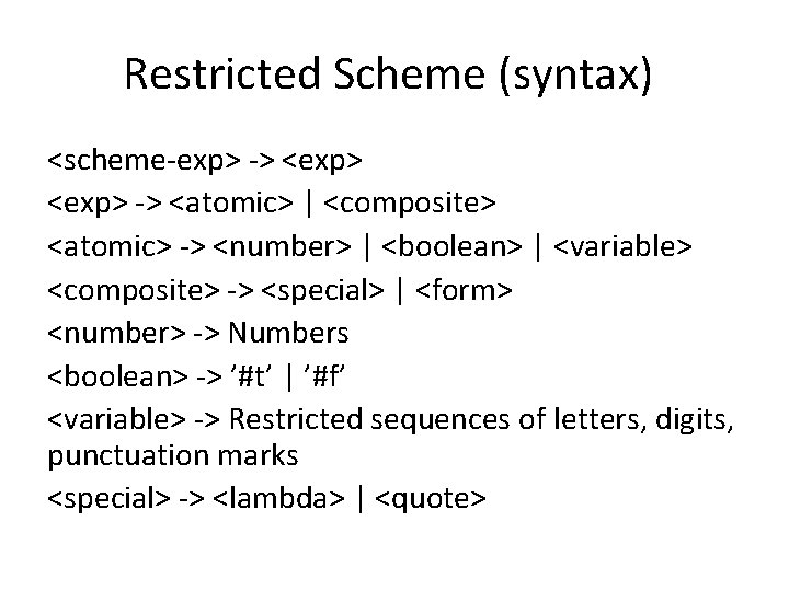 Restricted Scheme (syntax) <scheme-exp> -> <exp> -> <atomic> | <composite> <atomic> -> <number> |