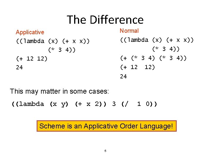 The Difference Normal Applicative ((lambda (x) (+ x x)) (* 3 4)) (+ 12