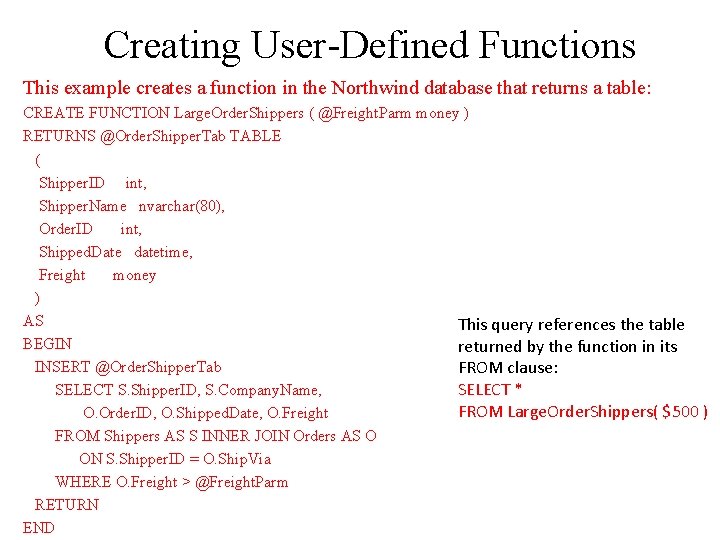 Creating User-Defined Functions This example creates a function in the Northwind database that returns