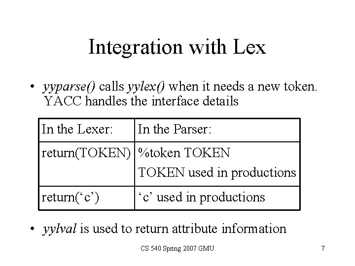 Integration with Lex • yyparse() calls yylex() when it needs a new token. YACC