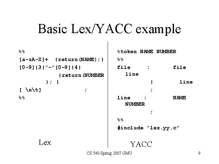 Basic Lex/YACC example %% [a-z. A-Z]+ {return(NAME); } [0 -9]{3}”-”[0 -9]{4} {return(NUMBER ); }