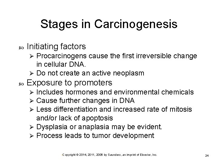 Stages in Carcinogenesis Initiating factors Procarcinogens cause the first irreversible change in cellular DNA. Stages in Carcinogenesis Initiating factors Procarcinogens cause the first irreversible change in cellular DNA.