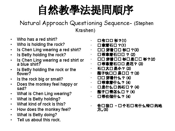 自然教學法提問順序 Natural Approach Questioning Sequence- (Stephen Krashen) • • • • Who has a