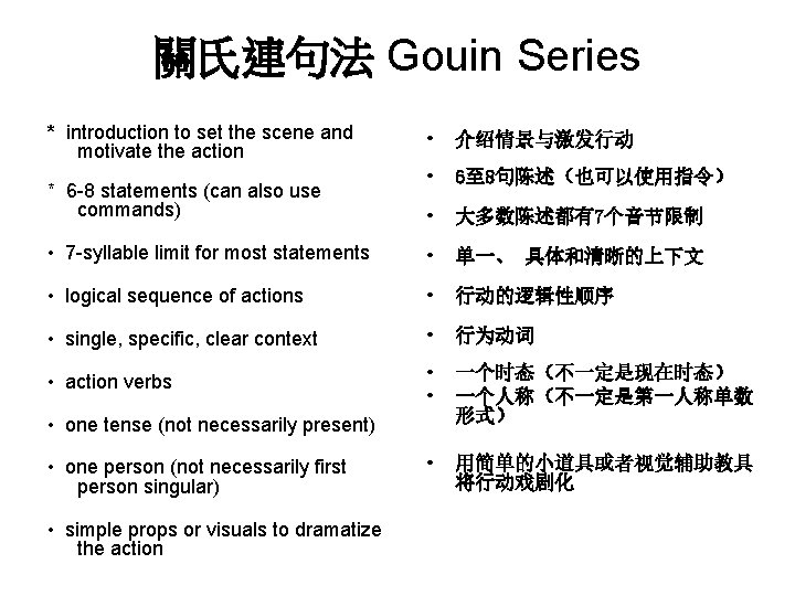 關氏連句法 Gouin Series * introduction to set the scene and motivate the action *