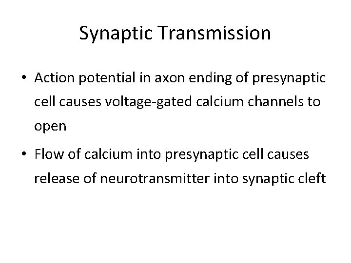 Synaptic Transmission • Action potential in axon ending of presynaptic cell causes voltage-gated calcium Synaptic Transmission • Action potential in axon ending of presynaptic cell causes voltage-gated calcium