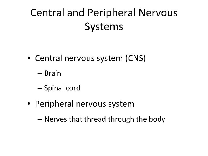 Central and Peripheral Nervous Systems • Central nervous system (CNS) – Brain – Spinal Central and Peripheral Nervous Systems • Central nervous system (CNS) – Brain – Spinal