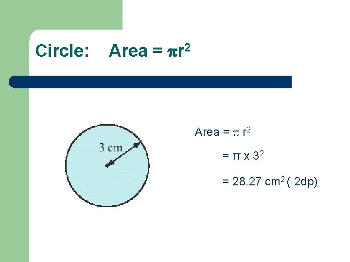 Circle: Area = r 2 Area = r 2 = π x 32 =