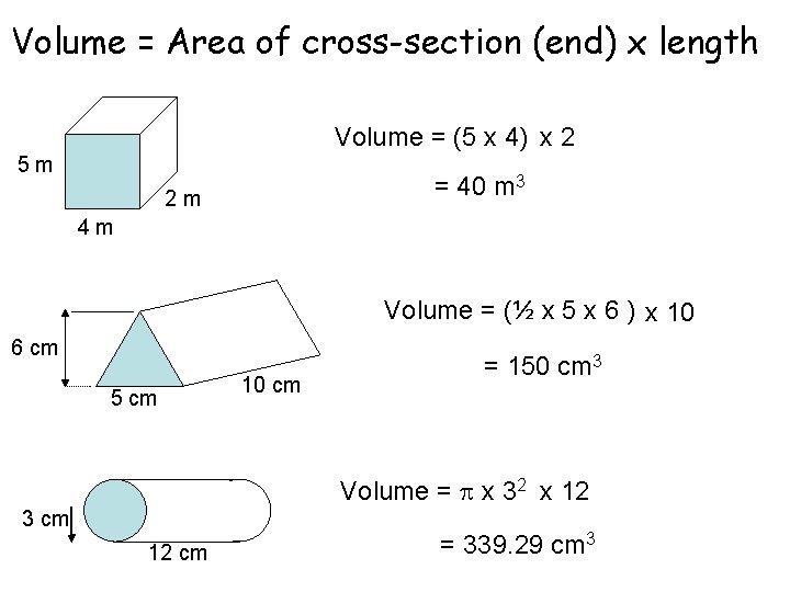 Volume = Area of cross-section (end) x length Volume = (5 x 4) x