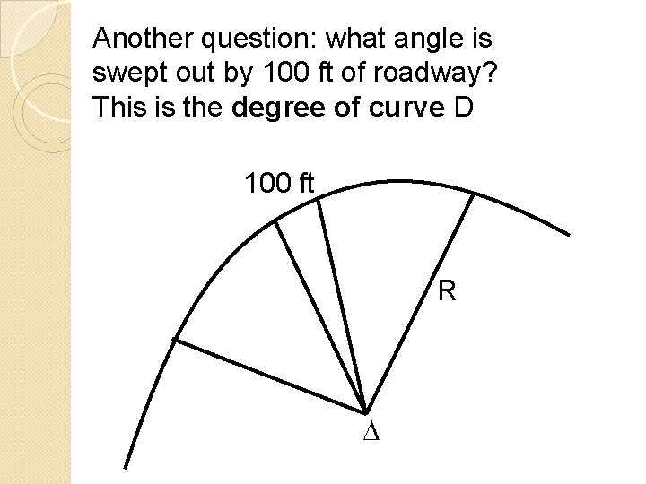 Another question: what angle is swept out by 100 ft of roadway? This is