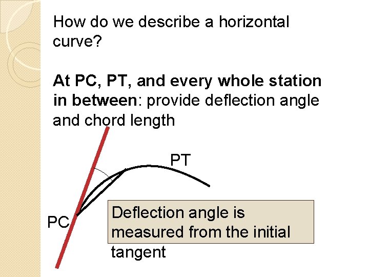 How do we describe a horizontal curve? At PC, PT, and every whole station