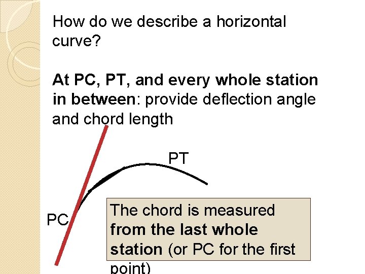 How do we describe a horizontal curve? At PC, PT, and every whole station
