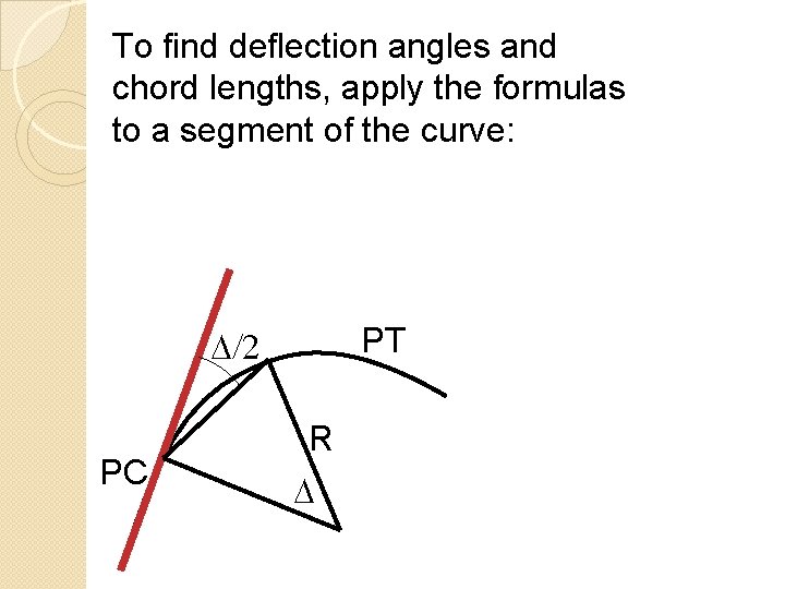 To find deflection angles and chord lengths, apply the formulas to a segment of