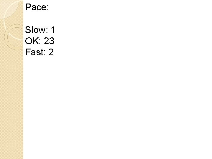 Pace: Slow: 1 OK: 23 Fast: 2 