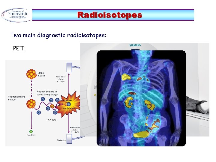 Radioisotopes Two main diagnostic radioisotopes: PET 