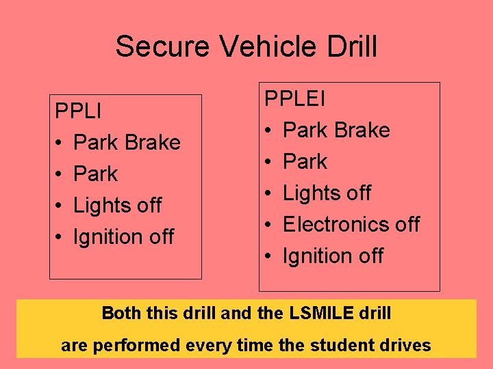 Secure Vehicle Drill PPLI • Park Brake • Park • Lights off • Ignition