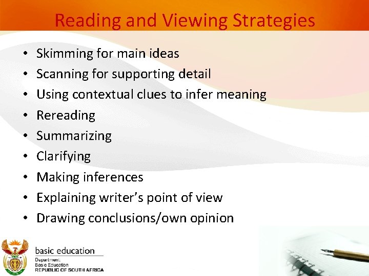 Reading and Viewing Strategies • • • Skimming for main ideas Scanning for supporting