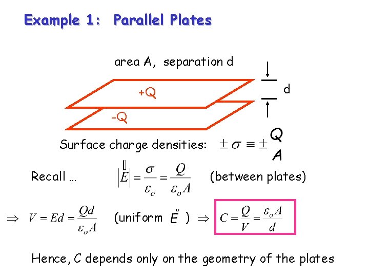 Example 1: Parallel Plates area A, separation d d +Q -Q Surface charge densities: