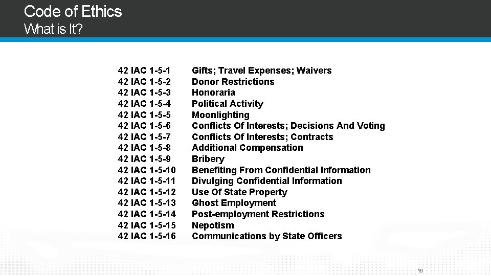 Code of Ethics What is It? 42 IAC 1 -5 -1 42 IAC 1