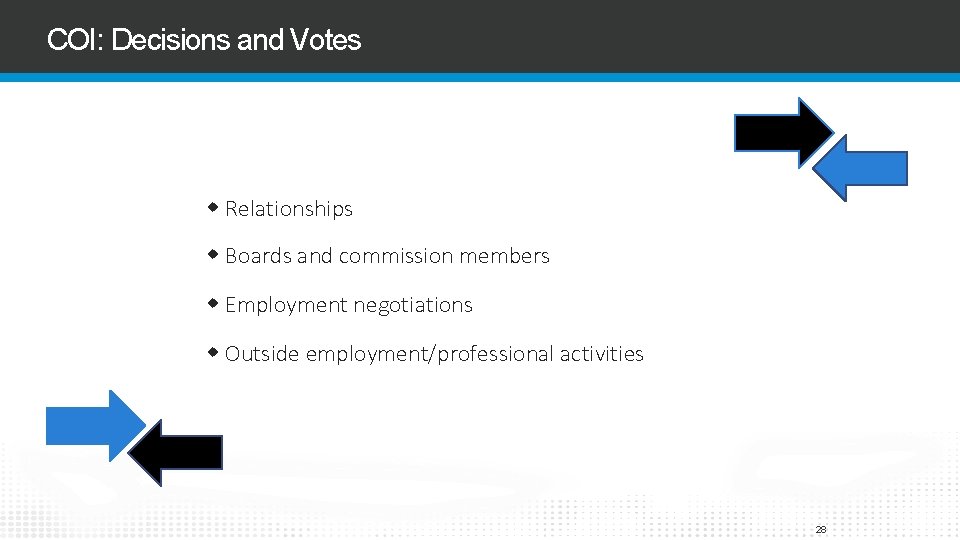 COI: Decisions and Votes Relationships Boards and commission members Employment negotiations Outside employment/professional activities